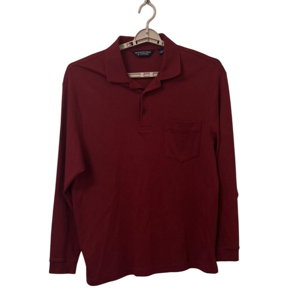 Roundtree & Yorke Men Large Polo Shirt Burgundy Long Sleeve Cotton Pocket Casual